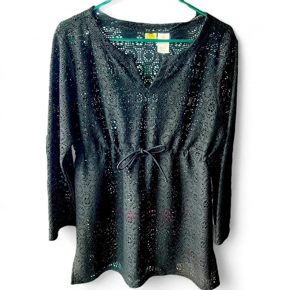 Islander swimsuit coverup black lace mini length drawstring size medium